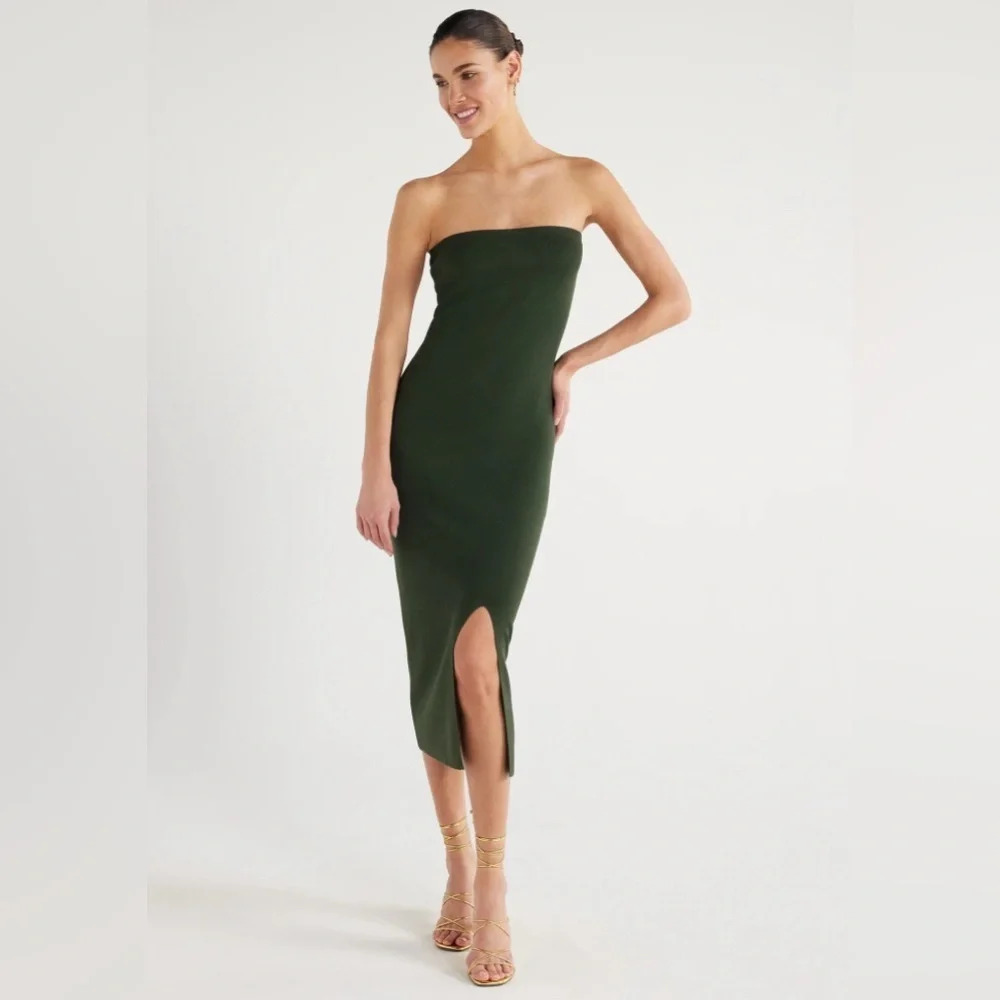 Scoop NYC Strapless Dark Olive Midi Dress with Front Slit
